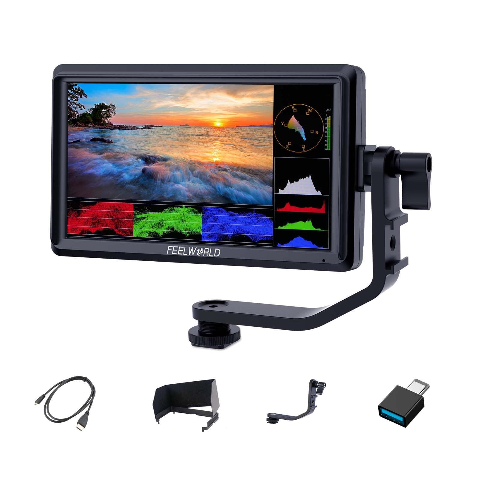 FEELWORLD FW568PRO Moniteur de Caméra 6 Pouces Écran IPS 1200Nits 1920x1080 Full HD Entrée/Sortie 4K HDMI avec 3D LUTs Vecteurscope Focus Peaking avec Pare-Soleil pour Appareil Photo DSLR et Gimbal