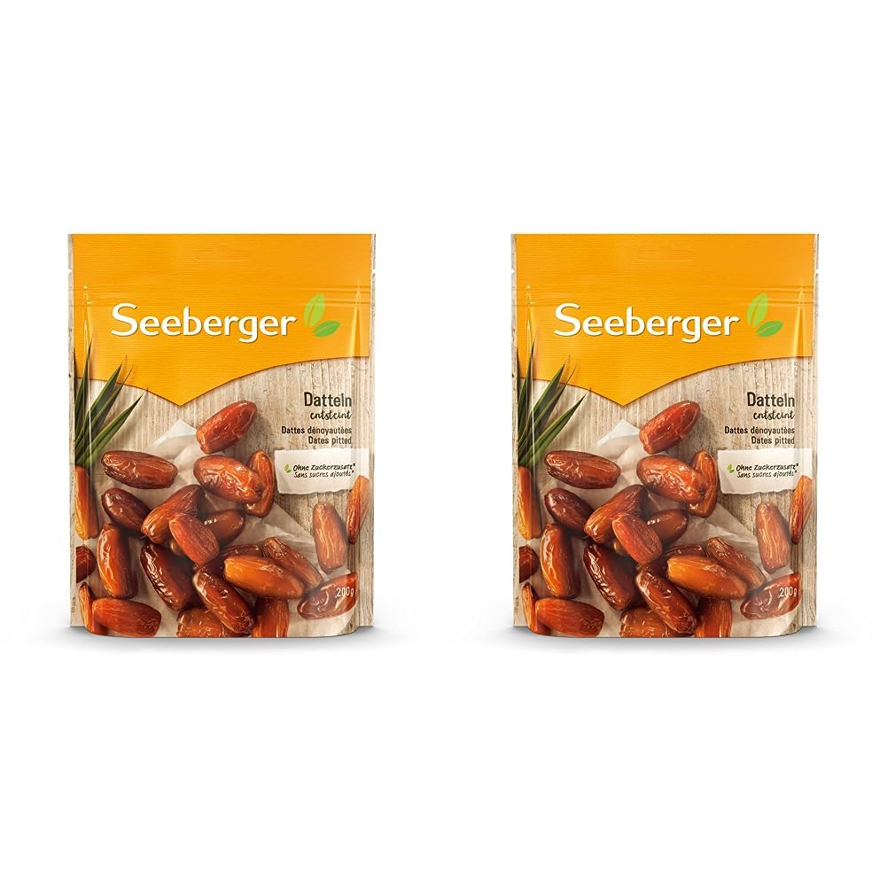 Seeberger Datteln: Honigsüße Datteln mit cremigem Fruchtfleisch - zum natürlichen Süßen von Speisen - entsteint, getrocknet & ungeschwefelt - ohne Zuckerzusatz, vegan (1 x 200 g) (Packung mit 2)