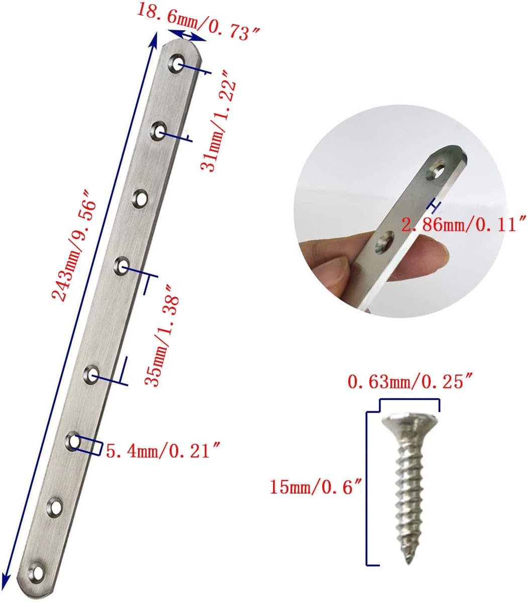 8pcs Mending Plates, Heavy Duty Flat Plates Bracket Stainless Steel Straight Corner Brace Brackets Connector Furniture Repair Fixing Joint with Screws (9-3/5 Inch/243mm)