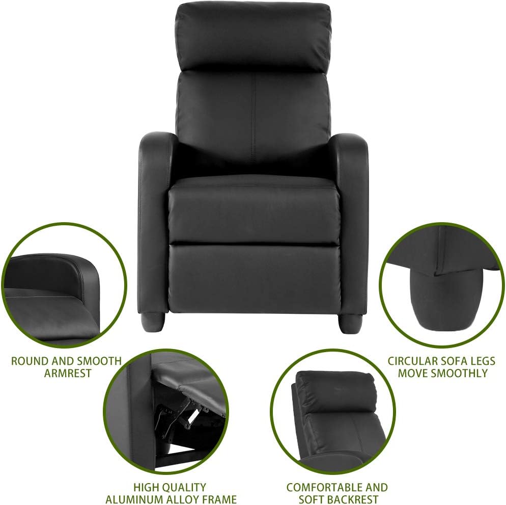PayLessHere Recliner Chair Single Reclining Sofa Home Theater Seating with Lumbar Support and Padded Backrest for Living Room and Bedroom (Leather, Dark Black)