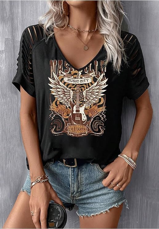 Rock Band T-Shirt for Women V-Neck Country Music Short Sleeved Shirt Retro Nashville Guitar Graphic Hollowed Tee Tops - Image 3