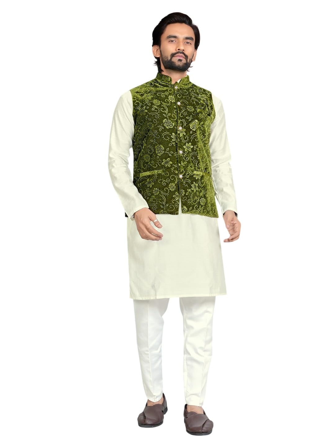 Mens Velvet Embossed Nehru Jacket Kurta Pyjama Set-image-41