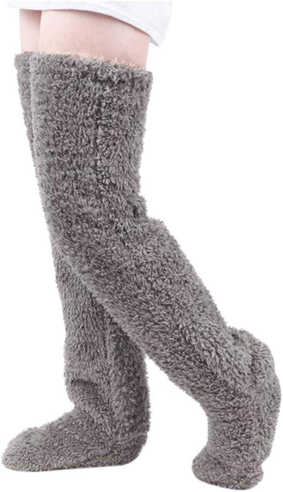 BONIXOOMOver Knee High Fuzzy Socks for Women Plush Slipper Stockings Long Leg Warmers Winter Home Sleeping Socks