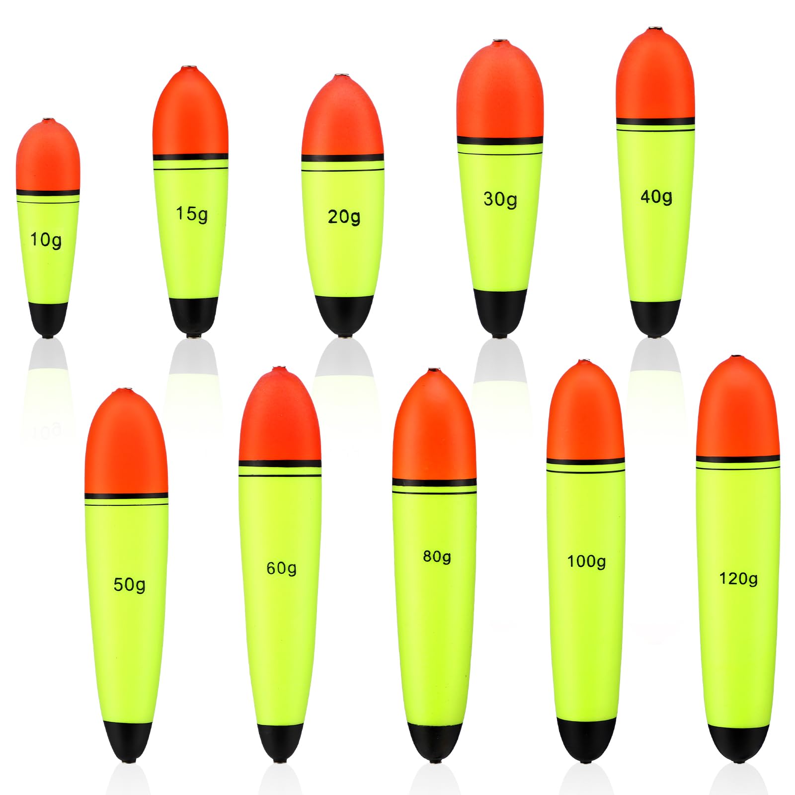 Outus 10 Pcs EVA Sea Bass Fishing Floats Set (10g-120g) Fishing Floats Slip Bobbers, EVA Slider Bobbers, Freshwater Saltwater