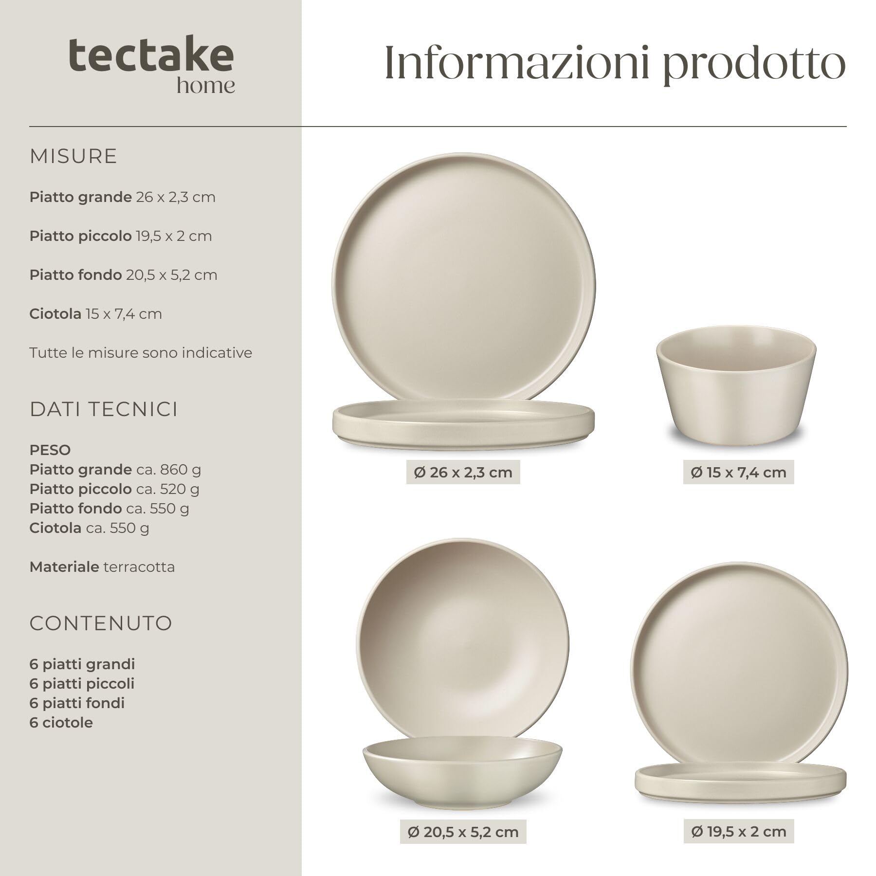 tectake® Set cucina x 6 persone 41 pezzi, stoviglie e pentole, 24 pcs tra piatti e ciotole, x microonde e lavastoviglie, 17 pcs tra padelle, grill, coperchi pentole manici removibili - Nero/Tortora
