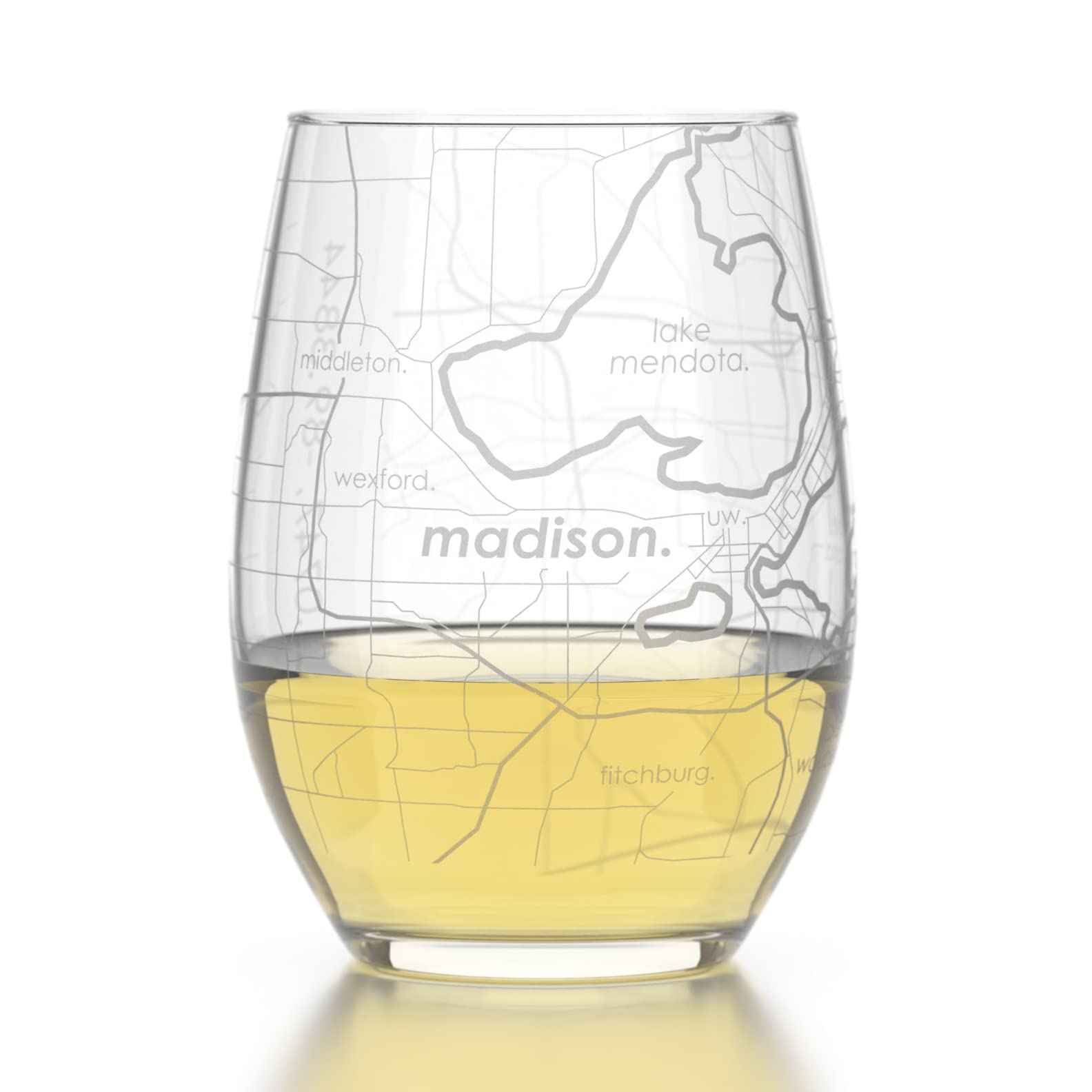 Well Told Engraved Madison Wisconsin Map Stemless Wine Glass, Etched Glass (15 oz, Clear) City Custom Gifts for Lovers