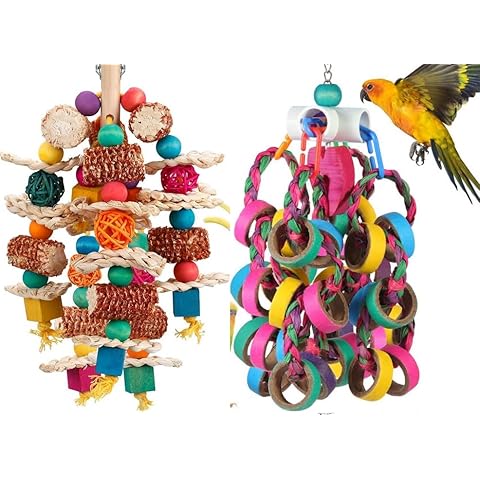 lovyoCoCo Parrot Toys Bird Toys Natural Corn Cob Bird chew Toys Bird Parrot Foraging Shredder 24 Pcs Colorful Bagel Chewy Rings Cover