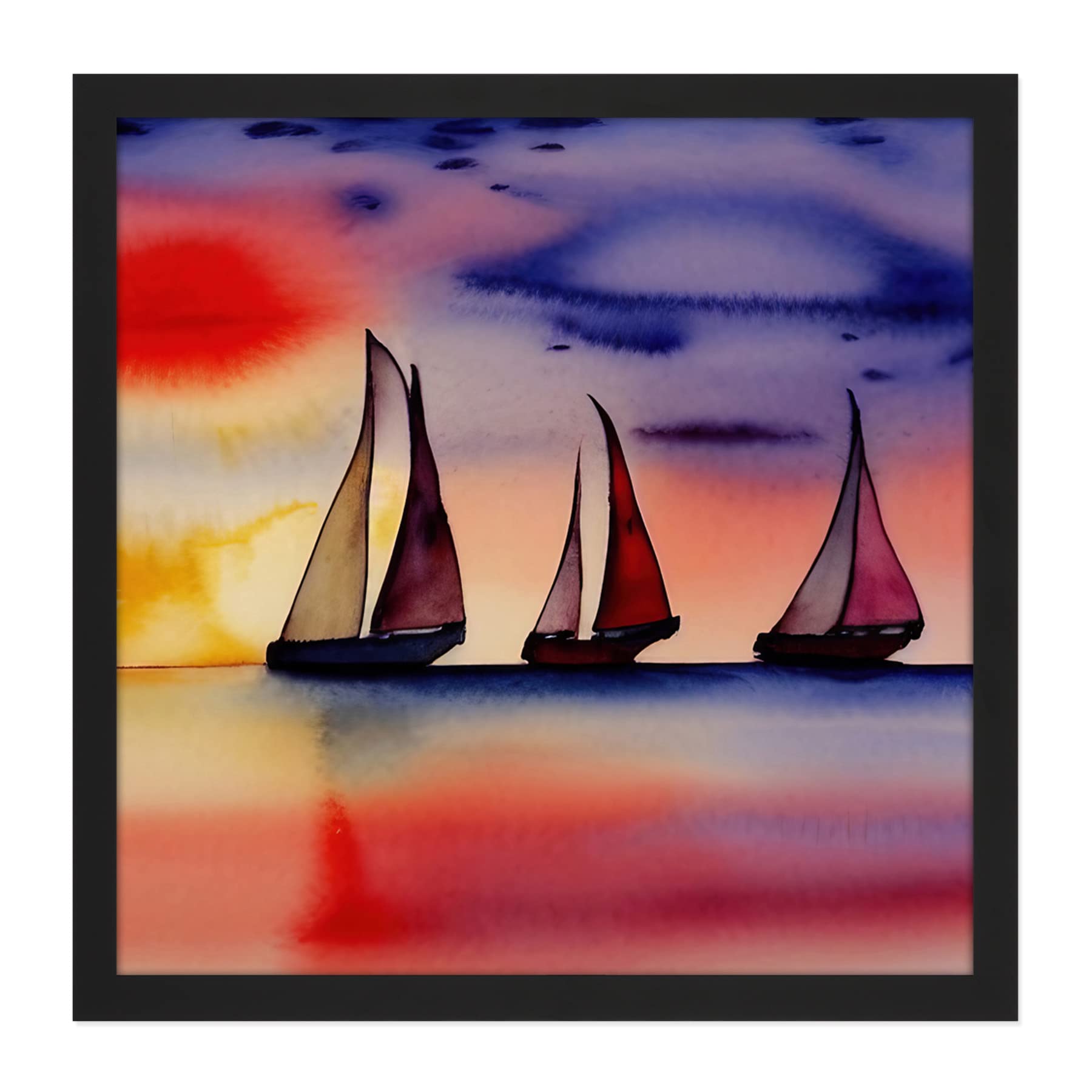 Artery8 Framed Black 16X16 Three Boats Sailing Along The Horizon At Sunset Seascape Watercolour Painting Pinks Purple Square Wooden Framed Wall Art Print Picture 16X16 Inch