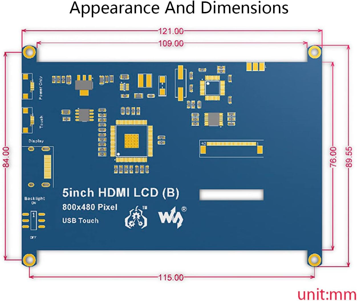 waveshare 5inch HDMI LCD Resistive Touch Screen LCD (B), 800x480 Resolution, Support All Versions of Raspberry Pi,Windows 10/8.1/8/7, BB Black, as Well as General Desktop Computers