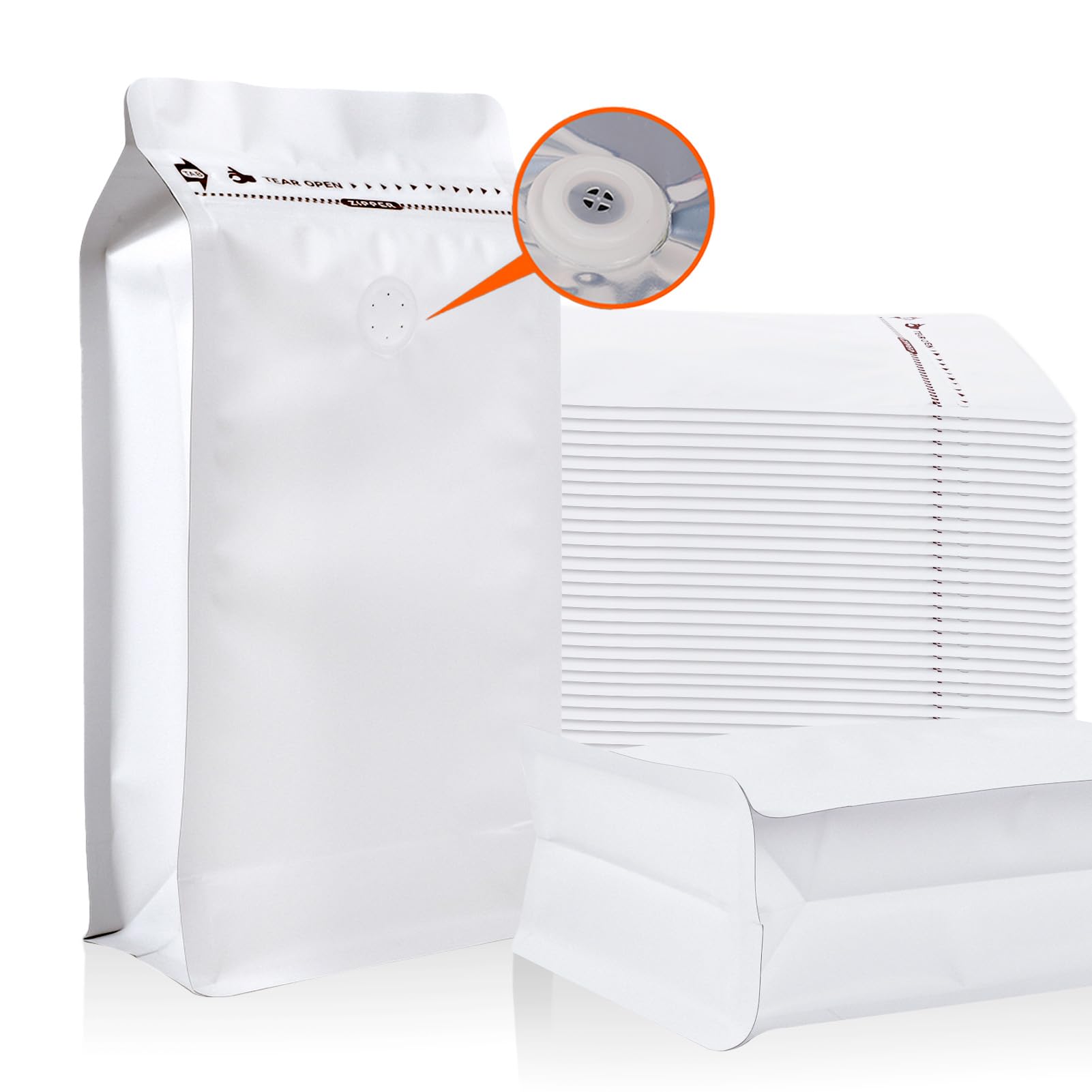 Sacchetti di caffè con valvola (50 pezzi, 226,8 g/0,2 kg) bianco ad alta barriera in foglio di alluminio a fondo piatto, sacchetti riutilizzabili con chiusura a caldo con cerniera laterale per casa e