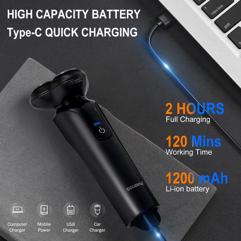 Image of SOLIMPIA HT-921 Cordless Rechargeable Waterproof 3 Head Electric Shaver Wet & Dry Rotary Shavers for Men Super-Fast Charge 120 minutes Runtime with LED Indicator, Black