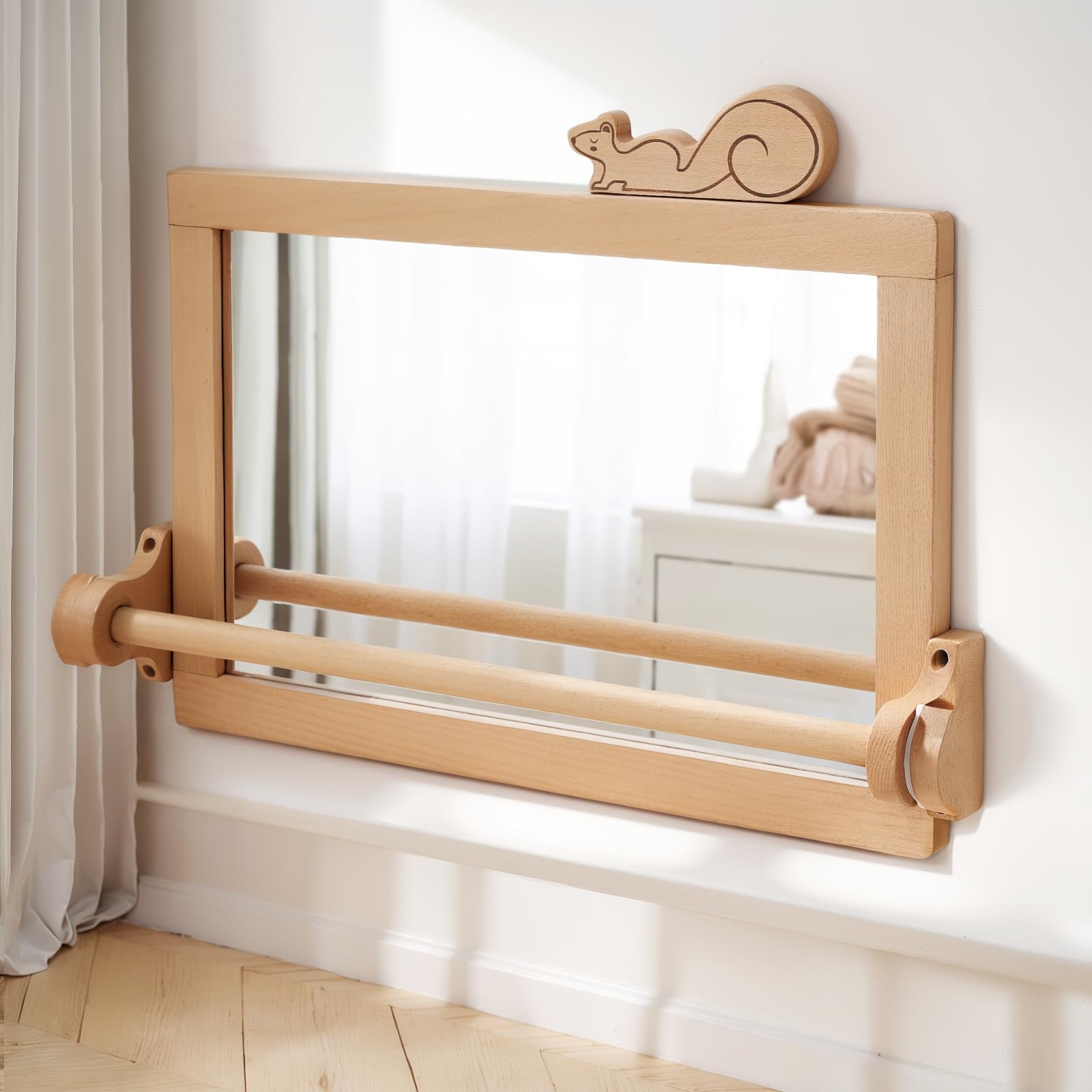 HI Baby MONMENT Montessori-Spiegel mit Stange, Abnehmbarer Holzrahmen, Anti-Chip, Wandmontage, Kinderspiegel