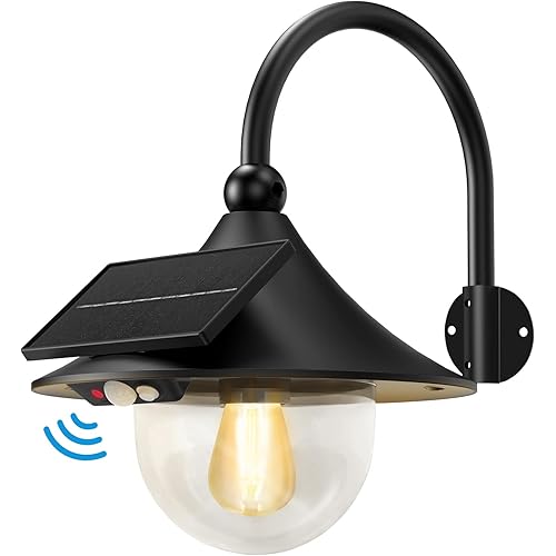 Auzev Solar Lantern Lights Outdoor Retro Solar Barn Light with 3 Lighting Modes & Motion Sensor, Wall Mount Waterproof Outside for Farmhouse, Patio, Garden, Shed and Courtyard (Black-1Pack)
