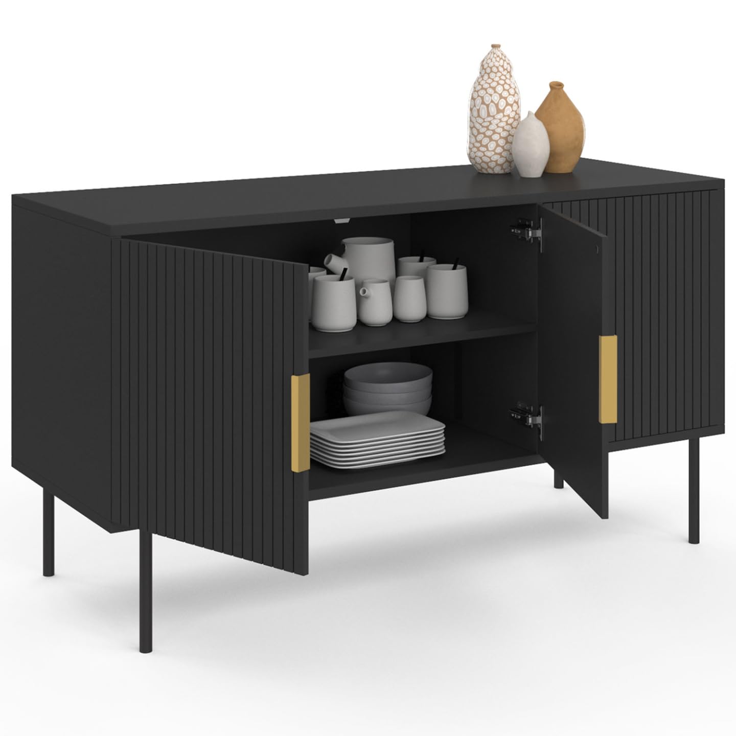 IDMarket - Buffet 110 cm Marcel Noir 3 Portes Effet Lattes