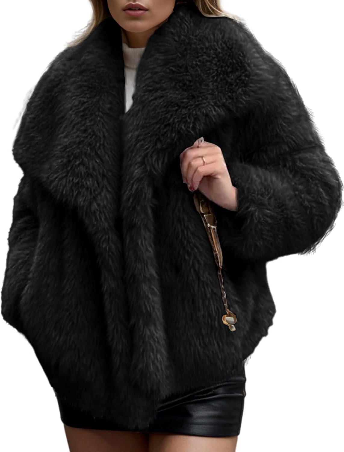 Arssm Women's Faux Fur Coat Fluffy Shaggy Jacket Long Sleeve Lapel Coats Winter Warm Outwear