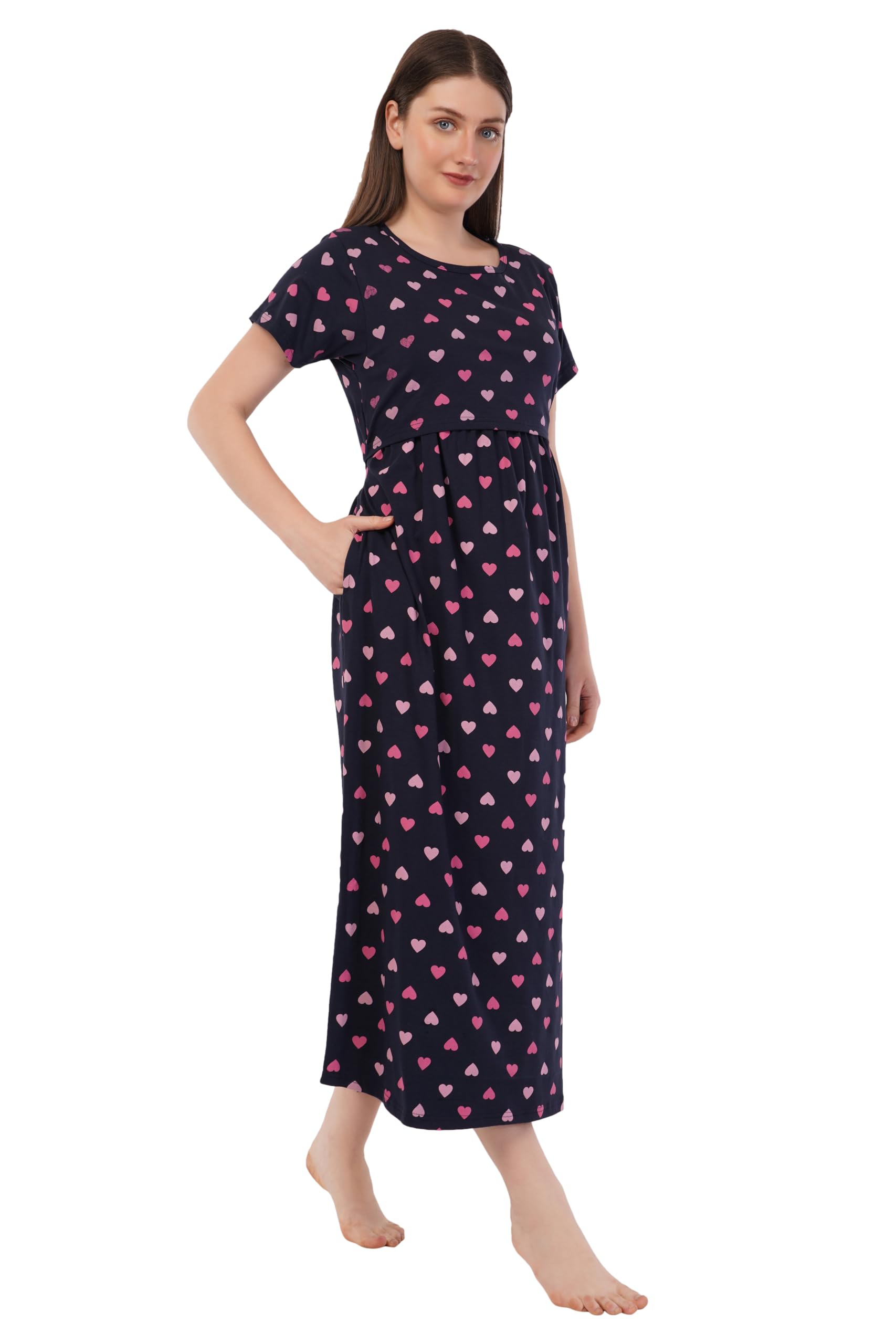 Women's Ribbon Premium Zipless Maternity & Nursing Dress – Soft, Comfortable, Breastfeeding-Friendly, Stylish Pregnancy Wear (in, Alpha, S, Navy Double Heart)-image-23