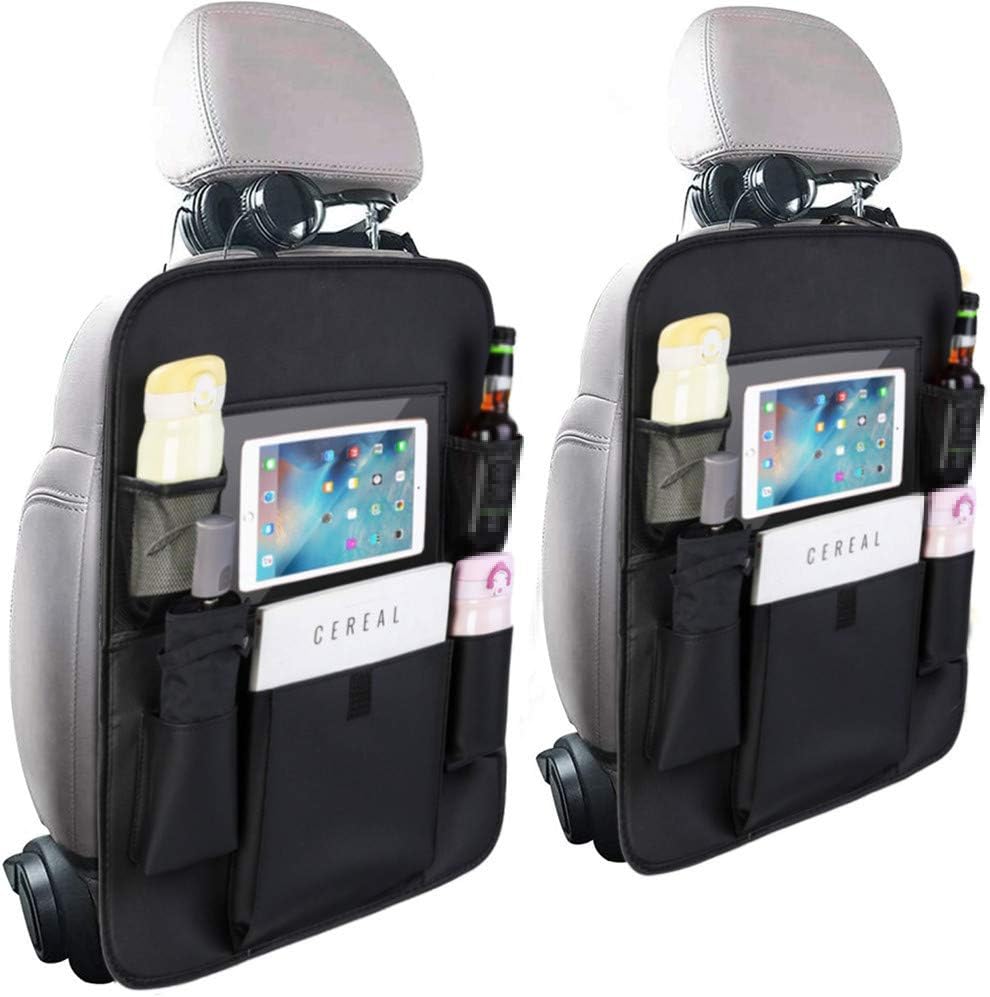 2 Pack PU Leather Premium Car Backseat Organizer for Baby Travel Accessories, Seat Protector/Kick Mat and iPad mini Holder, Universal Use as Car Backseat Organizer (Black, 25.5×19.6 Inches)