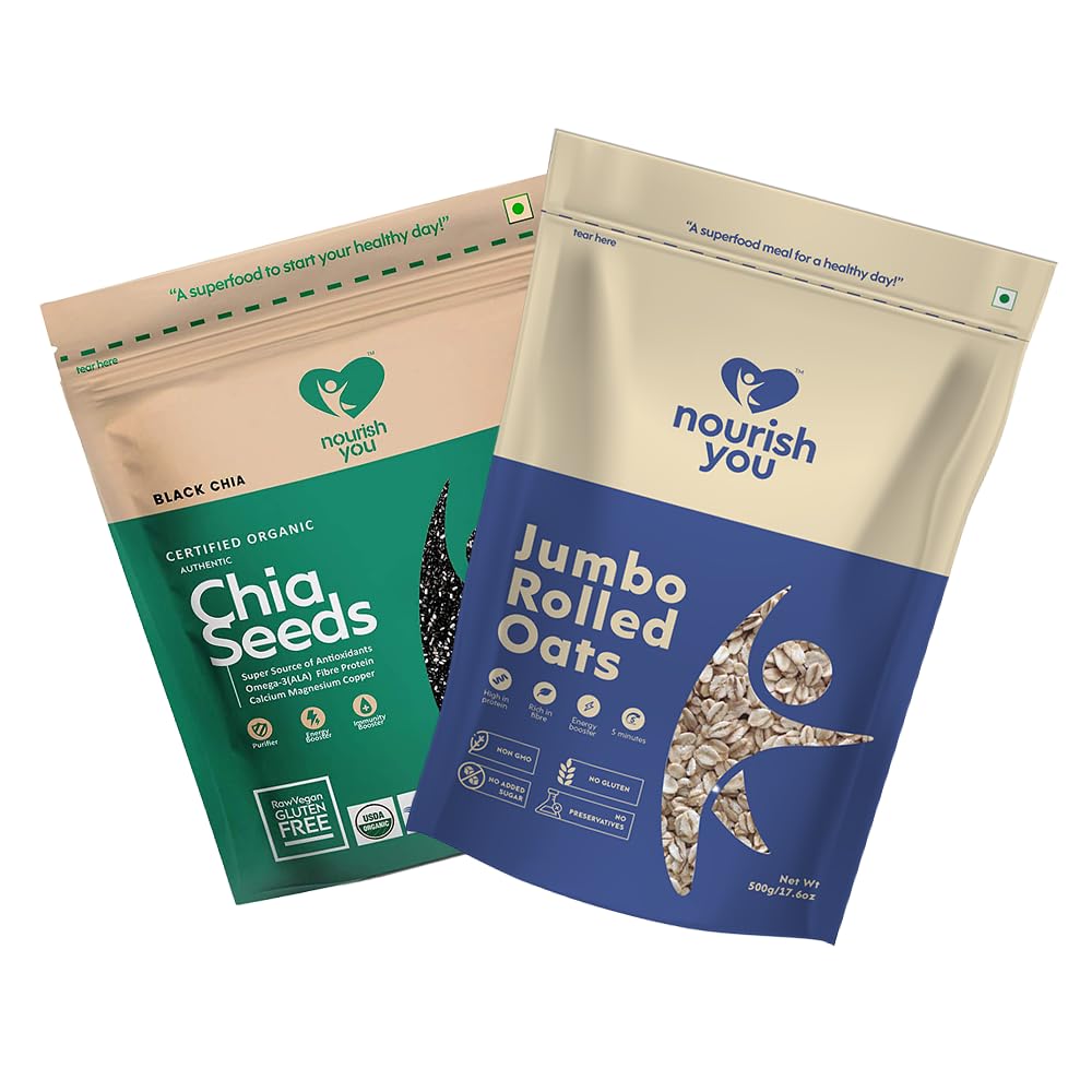Nourish You Organic Combo of Black Chia Seeds 500 G & Jumbo Rolled Oats 500 G |USDA Certified Grain | Gluten Free| Super Source of Protein Fibre,Omega 3 & Antioxidant| Healthy Snacks (B0CGZX66MN) Amazon Price History, Amazon Price Tracker