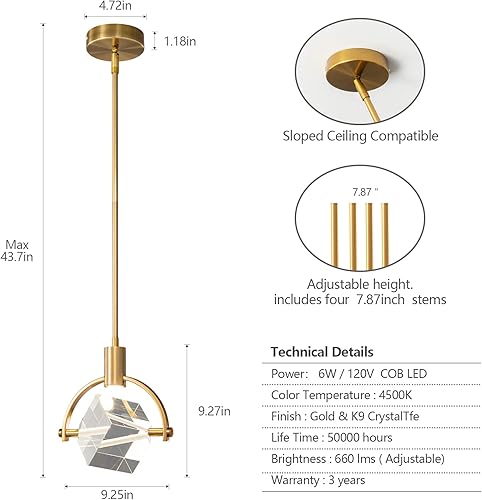 Miniatura 2 de Lámpara colgante de techo para isla de cocina, moderna luz colgante LED integrada, lámpara colgante de cristal en acabado de latón cepillado dorado,