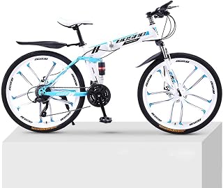ZKHD 30-Speed 10-Knife-Wheel Mountain Bike Bicycle Adult Folding Double Damping Off-Road Variable Speed Unisex Bicycle,White blue,24 inch