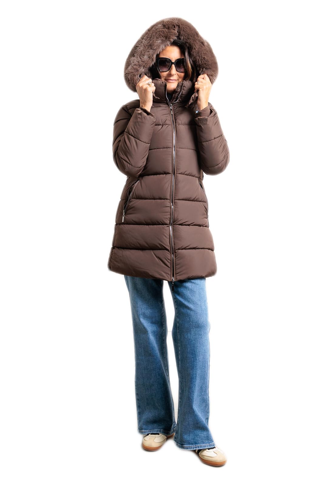 Piumino Donna Giubbotto Lungo Cappuccio Pelliccia Giubbino Invernale Casual Elegante VEQUE
