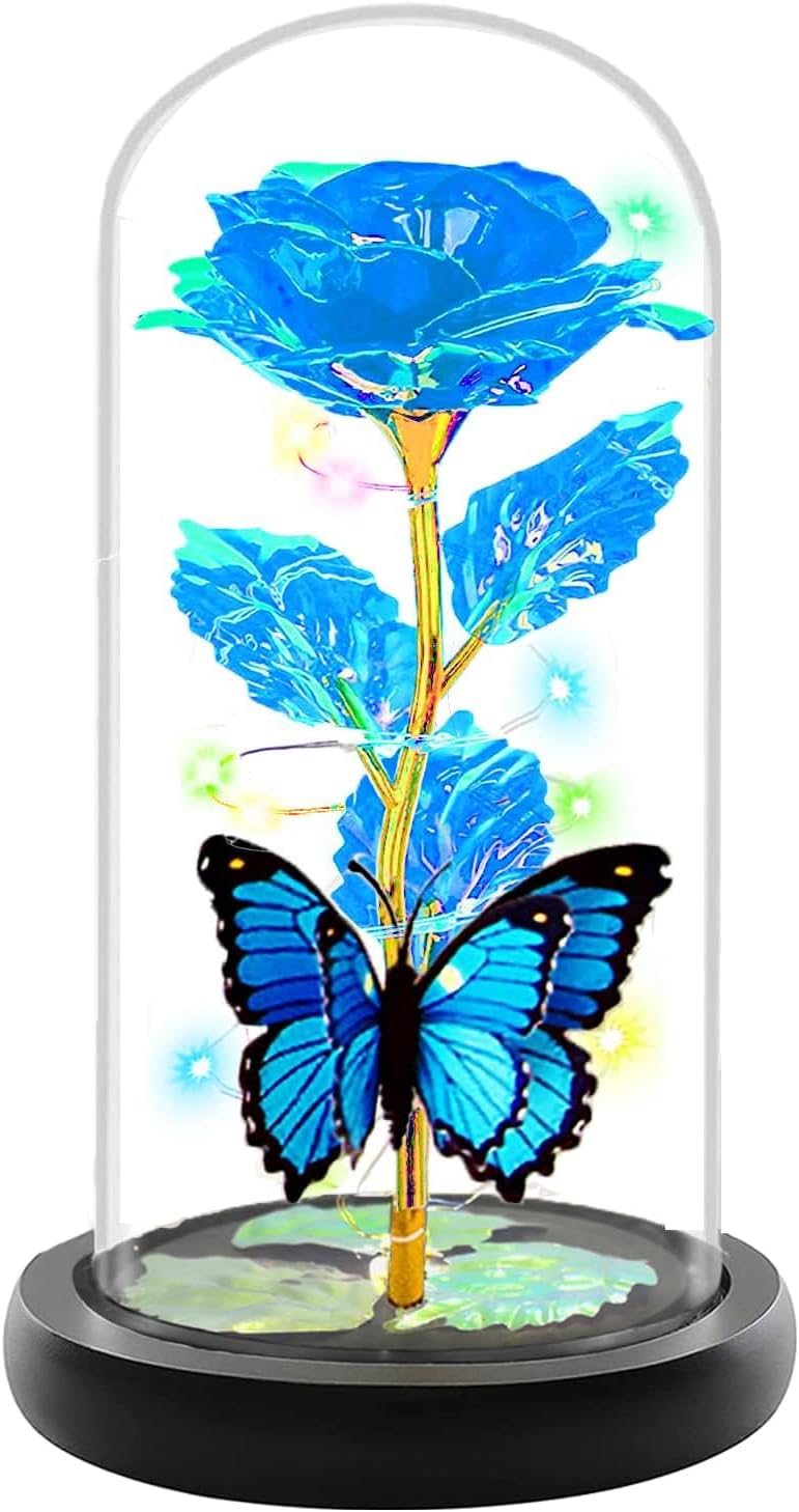 Mothers Day Rose Flower Gifts for Mom, Birthday Gifts for Women, Galaxy Crystal Light Up Rose Flowers in A Glass Dome, Mother Day Presents Wife Grandma Sister Her Mom from Daughter Butterfly Blue