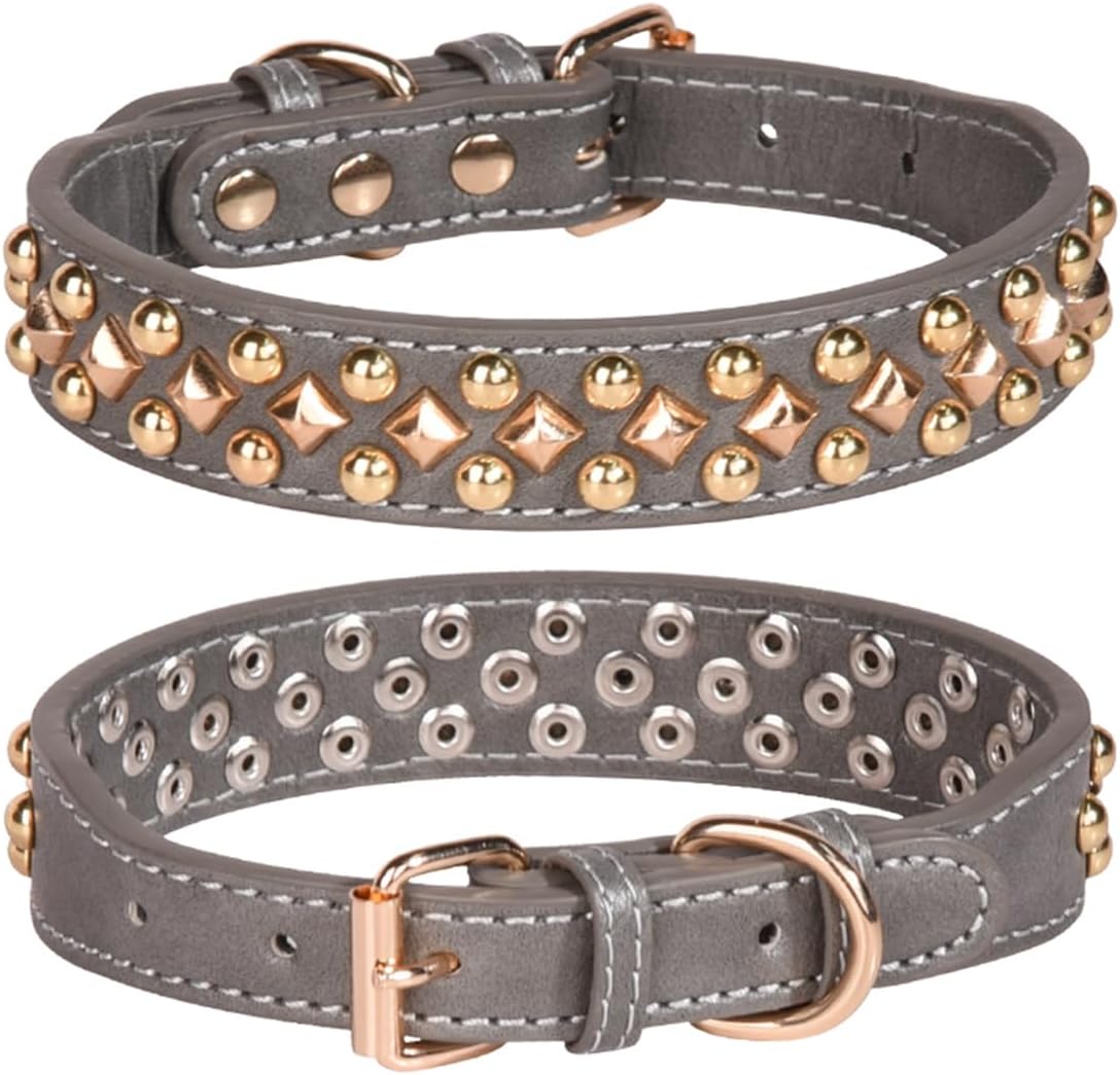 Spiked Dog Collar Soft Pu Leather Mushrooms Rivet Spike Studded Puppy Adjustable Pet Collars for Small Breeds (L, Black Set)