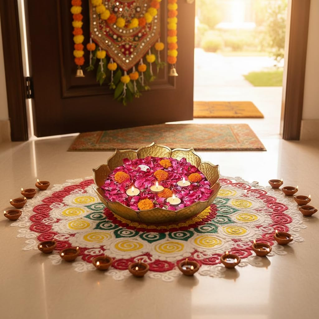 Gold Lotus Urli Bowl for Water Floating Flowers Pot and Tea Light Candles Holder, Traditional Metal Bowl for Wedding Pooja Home Office Table Diwali Decoration(Pack of 5)