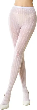 MANZI Women's Hollow Out Knitted Patterned Tights White Lace Fishnet Stockings Vertical Strips Pantyhose with High Waist