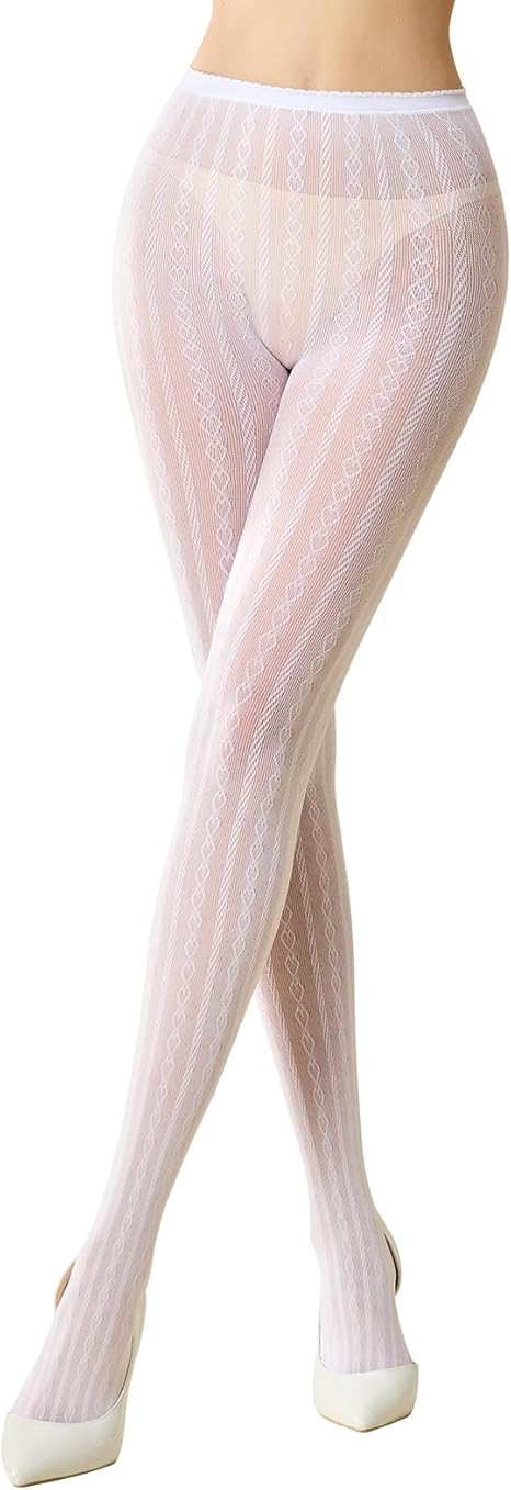 MANZI Women's Hollow Out Knitted Patterned Tights White Lace Fishnet Stockings Vertical Strips Pantyhose with High Waist