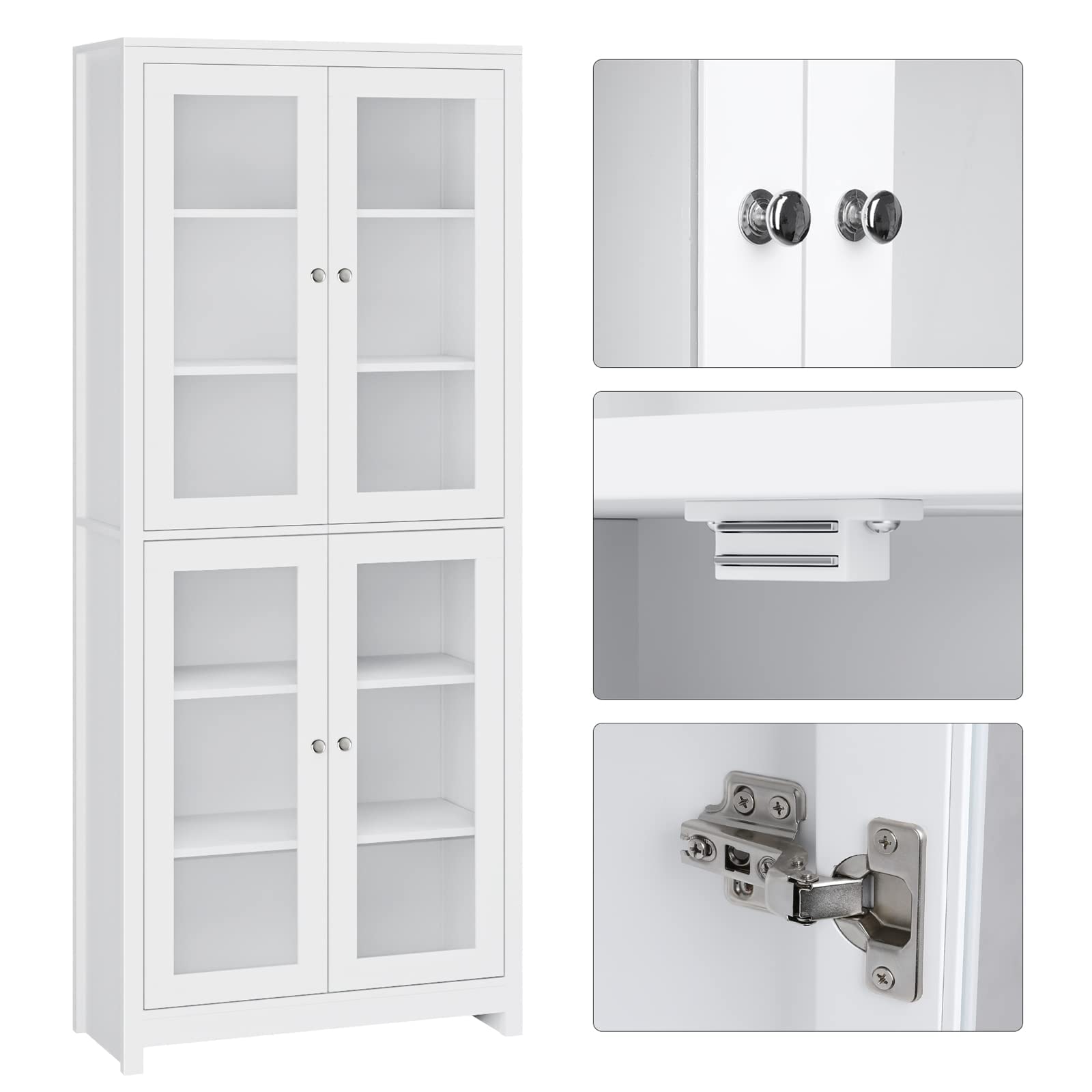 FOREHILL 190cm Libreria Vetrina Espositiva Alta,Armadietto con Vetrina Armadietto Laterale,Credenza Cucina con 4 Ante in Vetro 6 Scomparti,Vetrinetta per Soggiorno, Camera, Ufficio Bianco