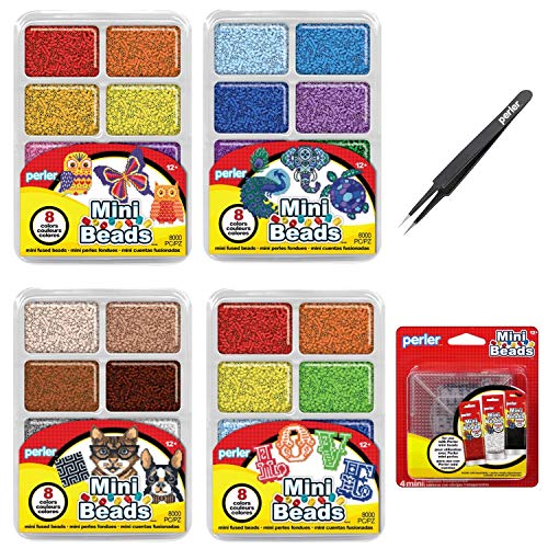Perler Mini Beads Tray Bundle - Warm, Cool, Neutral and Rainbow with Tweezers and Pegboards