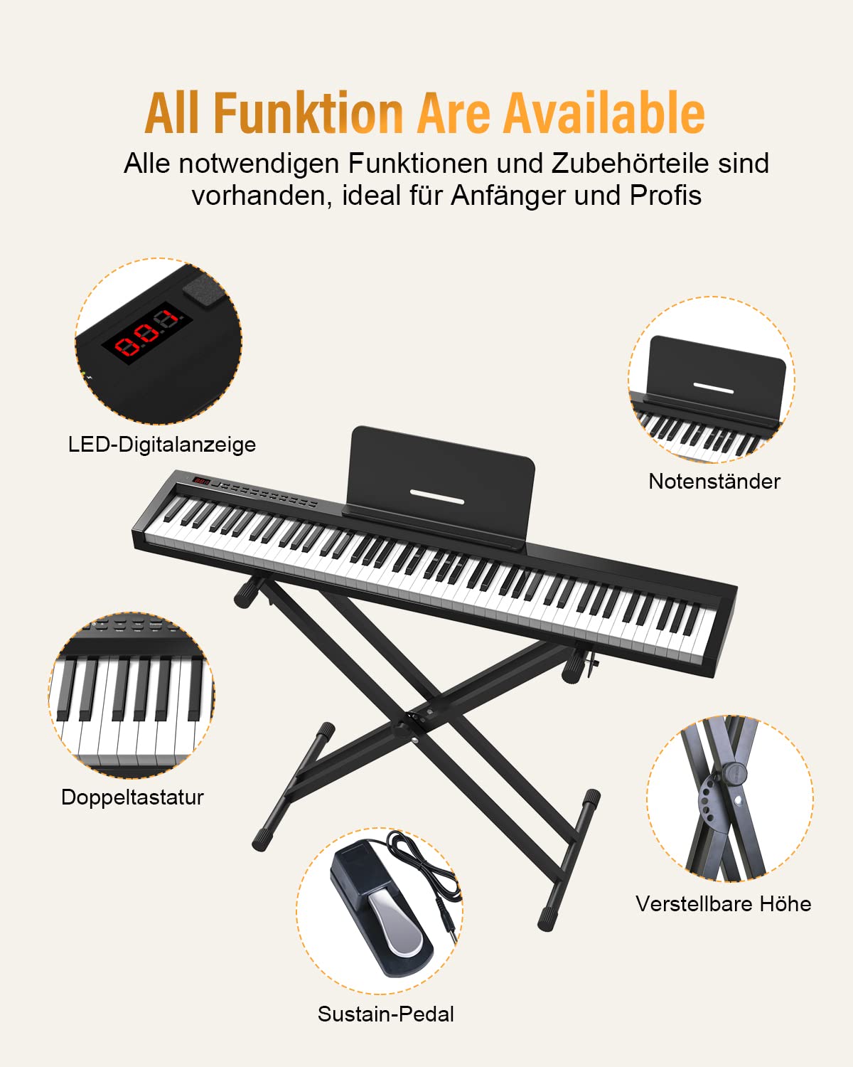 Digitalpiano 88 Tasten, Halbgewichtete Tastatur, Bluetooth MIDI, E-Piano mit X-Ständer, Sustain-Pedal, Notenständer und Tragetasche für Anfänger, Kinder und Erwachsene
