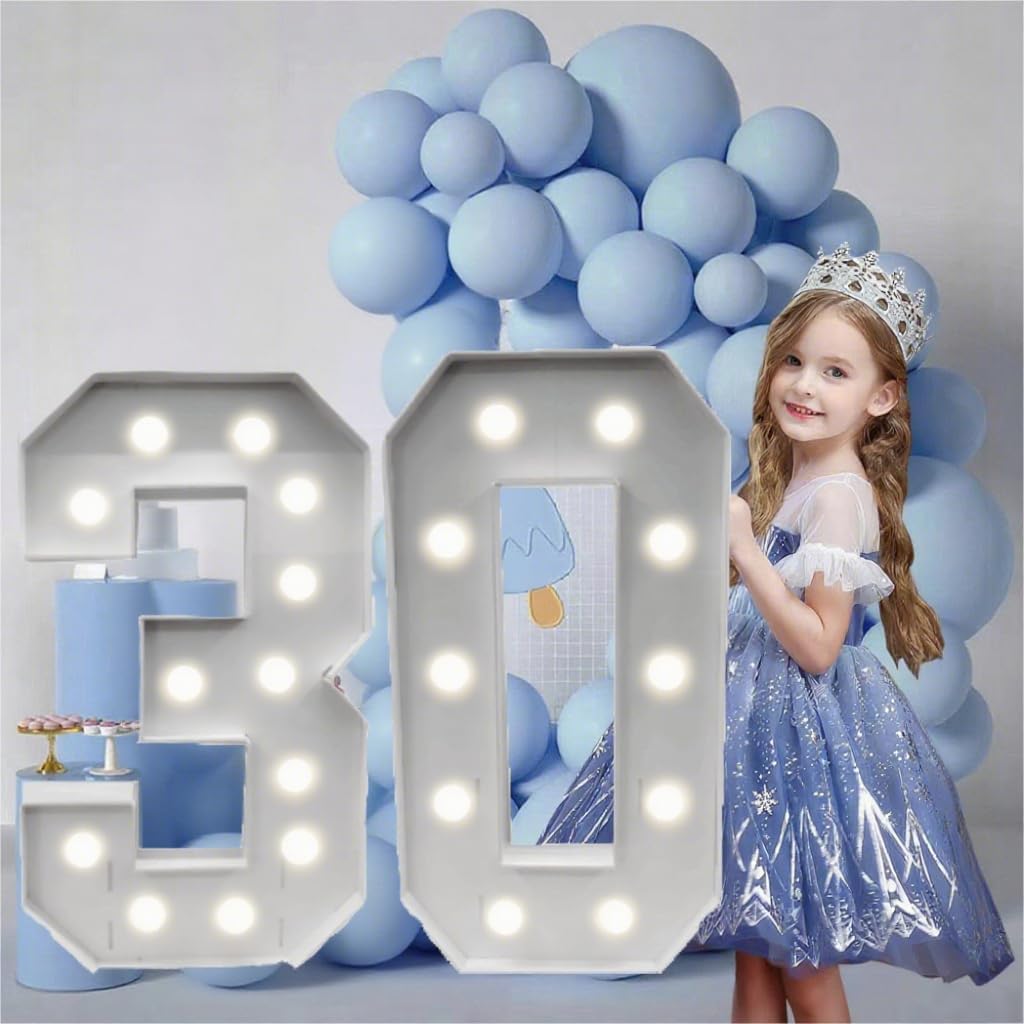 3FT/36 Inch Marquee Light up Numbers with White Lights,White Marquee Number 0-9 for Birthday Party Large Mosaic Frame Letter Cardboard Pre-Cut Foam Board Sign DIY Decorations Anniversary(30)