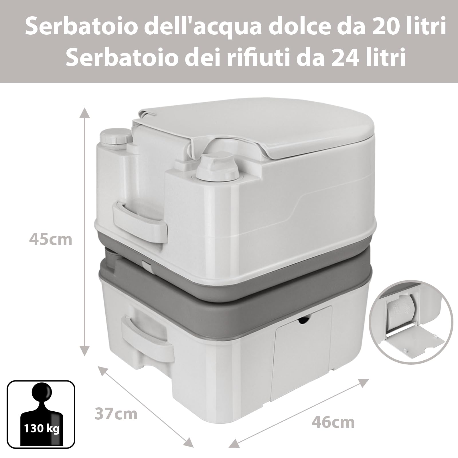 Montafox Toilette Portatile 24l WC Chimico con Pompa a Pistone e Porta Carta-Igienica Altezza della Seduta 44 cm