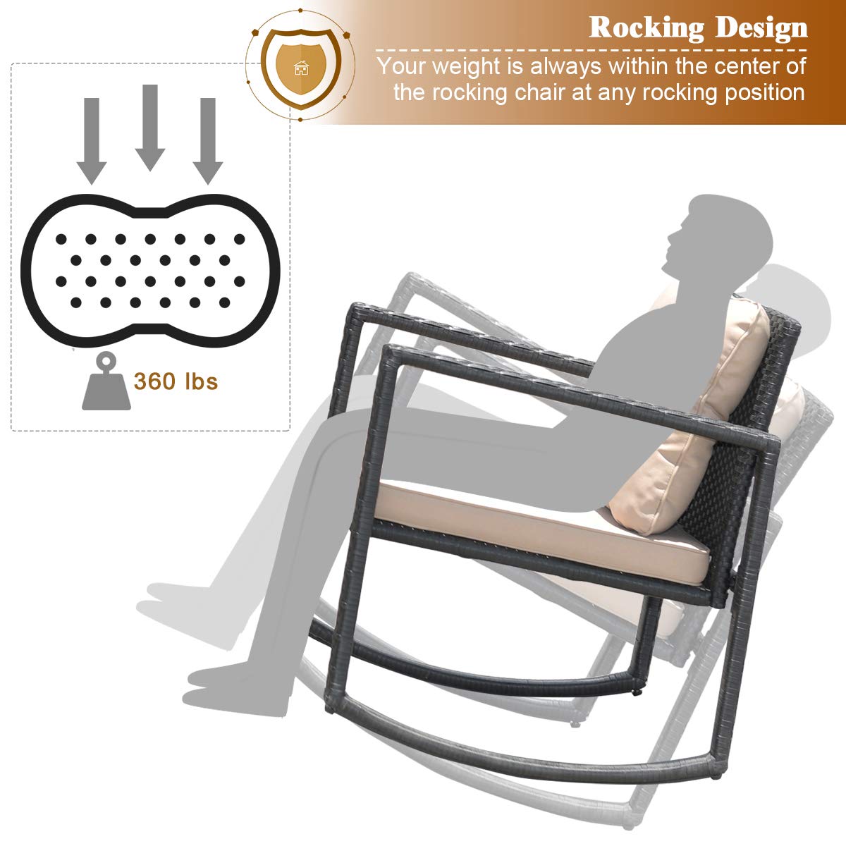 Juego de 3 mecedoras de mimbre para patio, mecedoras al aire libre y mesa con cojines, mesa de centro de cristal con estante de almacenamiento, adecuada para patio, jardín, piscina, balcón 8