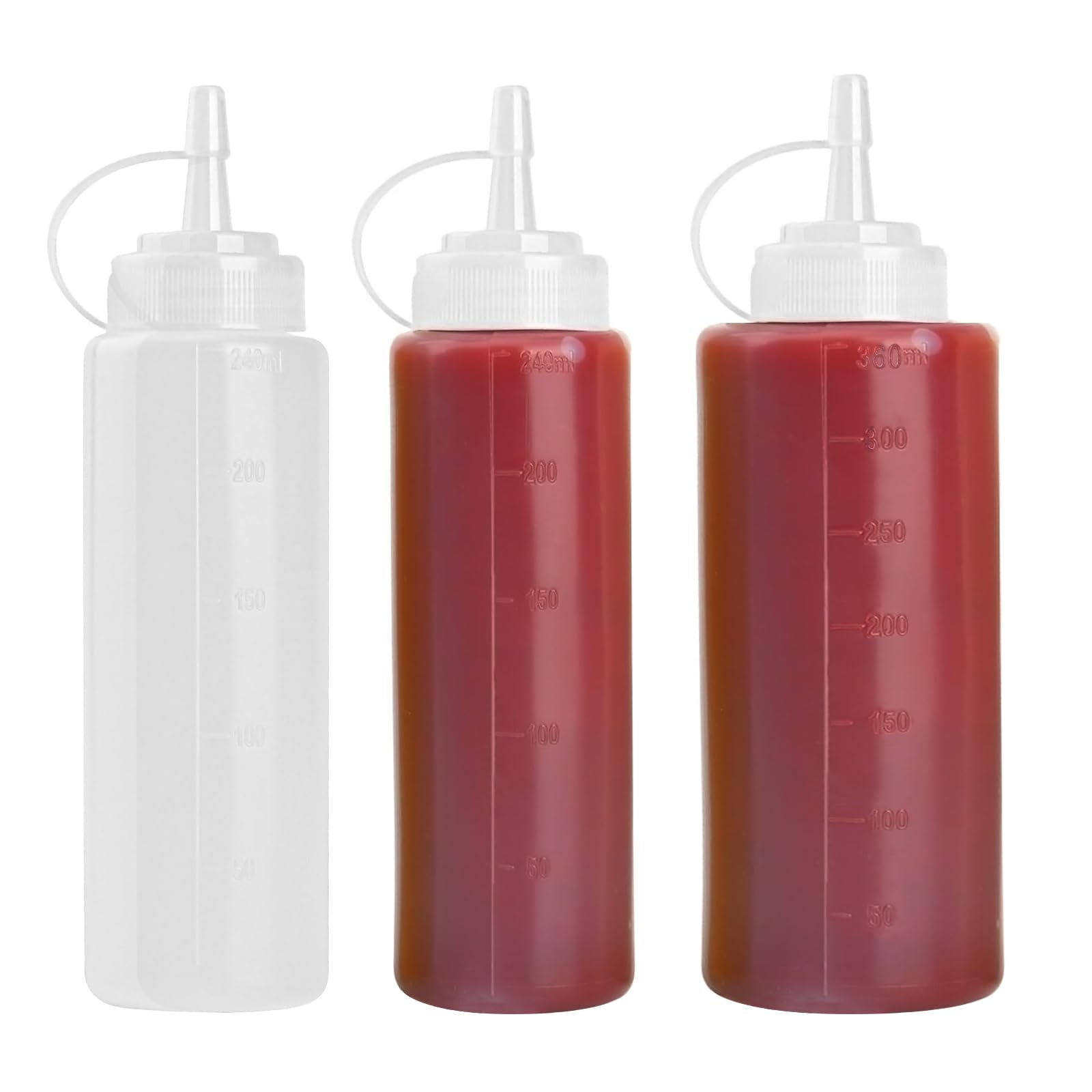 Plastikowa butelka z wyciskaniem, 3 sztuki, przezroczysta butelka z przyprawami, dozownik z nakrętkami, butelka na olej, do keczupu musztardy Mayo Gorące sosy oliwa z oliwek (240 + 360 ml)