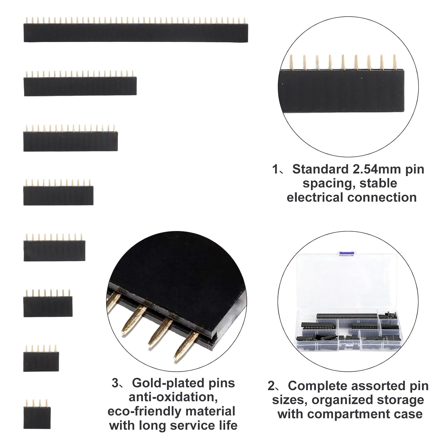 HENGBIRD 120 sztuk prostych jednorzędowych listew gniazdek, 2,54 mm żeńskie złącze wtykowe PCB złącze wtykowe od 4 do 40 pinów, pozłacane styki PBT, miedź, możliwość przycięcia, do modułów Arduino