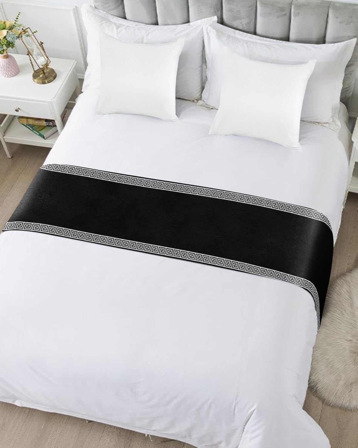 Greek Art Inspired Geometry Bed Runners for Bedroom Hotel,Decorative Bedding Scarf Abstract Monochrome Black White Bed End Blanket Bedding Runner Scarves for King Size Bed,102x20in