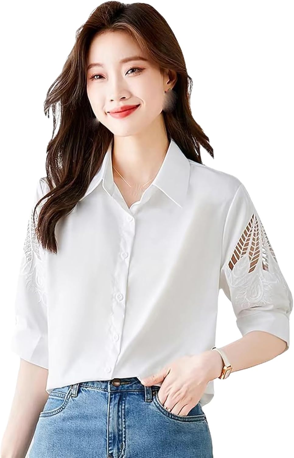 Women's Elegant Hollow Out Embroidered White Blouse Summer Half-Sleeve Shirt Casual Top