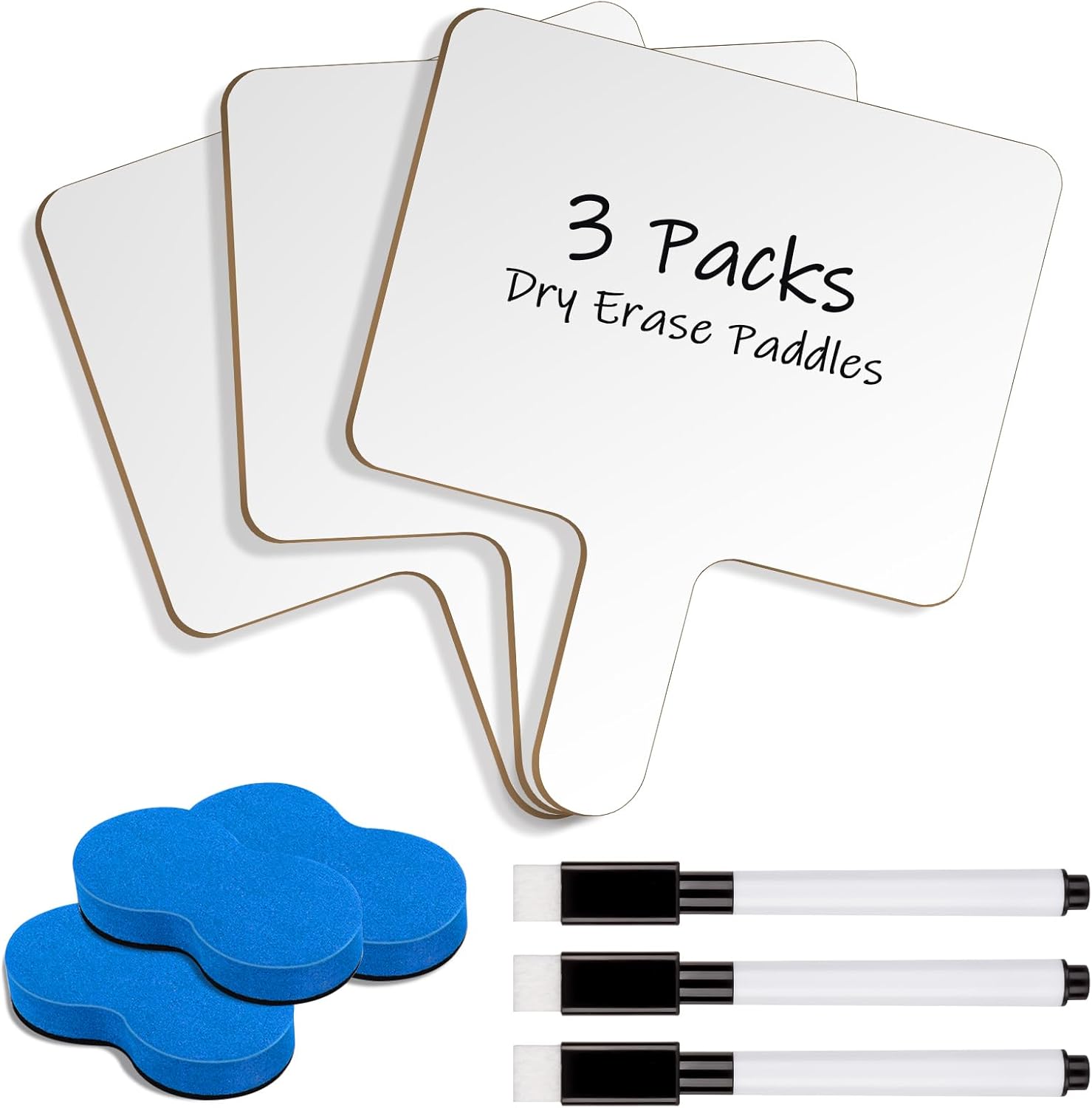 3Packs Dry Erase Paddles with Handle, 3Pcs Double Sided Answer Paddle White Boards with 3 Markers and 3 Erasers for Teaching Meeting Supplies