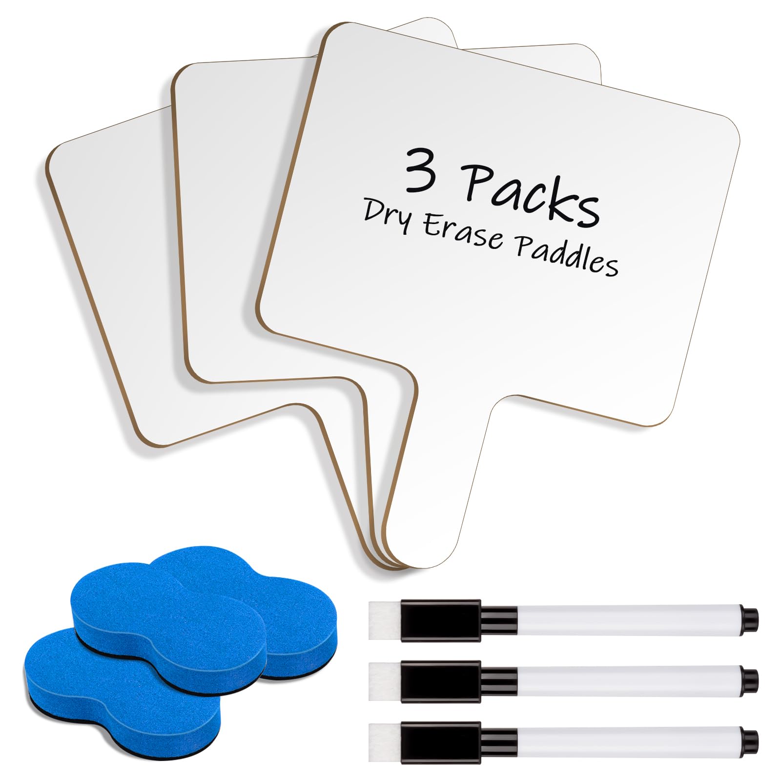 3Packs Dry Erase Paddles with Handle, 3Pcs Double Sided Answer Paddle White Boards with 3 Markers and 3 Erasers for Teaching Meeting Supplies