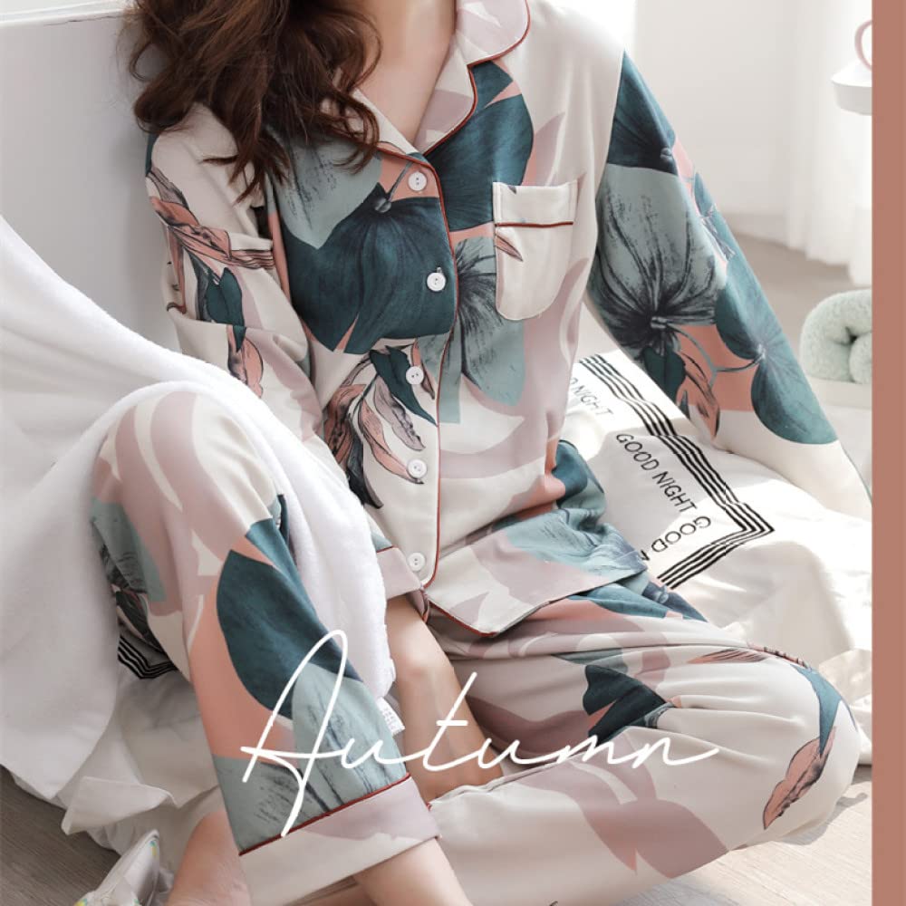 Pigiama Donna Corto - Pigiami Stampati Floreali in Cotone Pigiameria Stile Cinese Set Pigiami Casual da Donna A Maniche Lunghe Top Amp; Pantaloni Abbigliamento da Notte Accogliente Loungewear