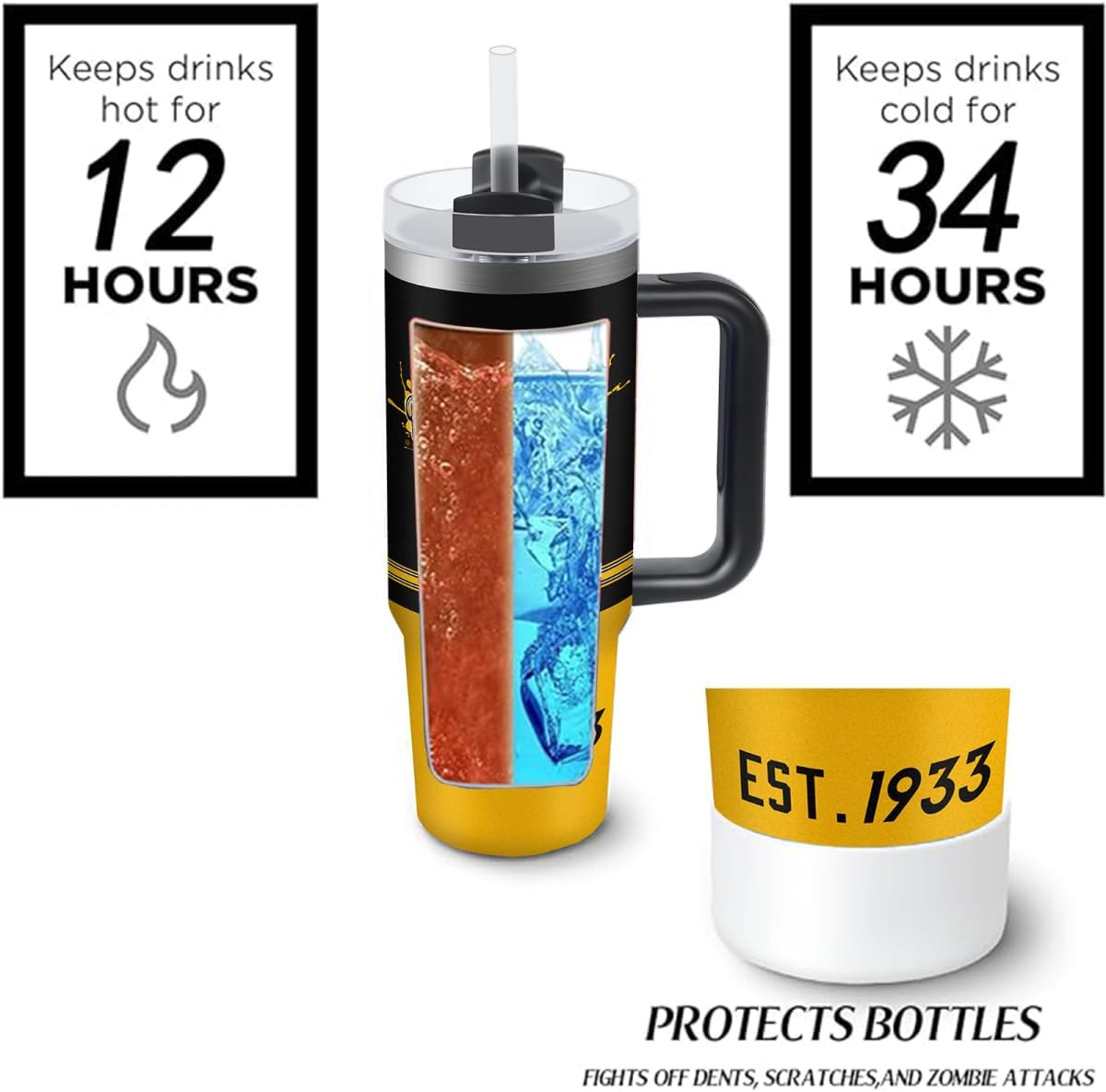 Pittsburgh 30 oz Tumbler with Handle and Straw,Car cup,Coffee Mug,100% Leakproof Insulated Tumbler with Lid and Straw,Made of Stainless Steel,Cup Holder Friendly Base,Classic Collection Gifts for Fans - Image 5