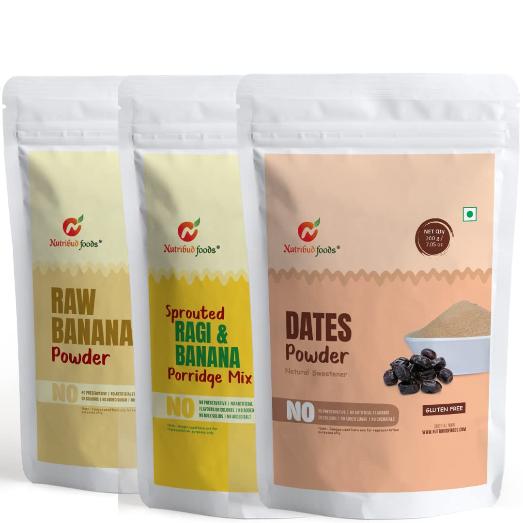 Nutribud Foods Combo (Pack of 3) - Sprouted Ragi & Banana Porridge Mix (200g) | Raw Banana Powder (200g) | Dates Powder (200g) | 100% Natural Ingredients | No Added Sugar | No Preservatives (B08KZVF3XB) Amazon Price History, Amazon Price Tracker