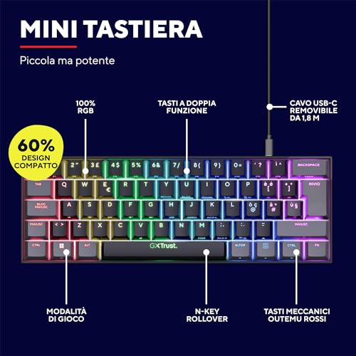 GXT 867 Acira Tastiera Meccanica 60% Layout Italiano QWERTY, Mini Tastiera Retroilluminata RGB, Tasti a Doppia Funzione, USB Tastiera Gaming Programmabile PC Laptop Portatile - Nero - Tastiera gaming - Immagine 2