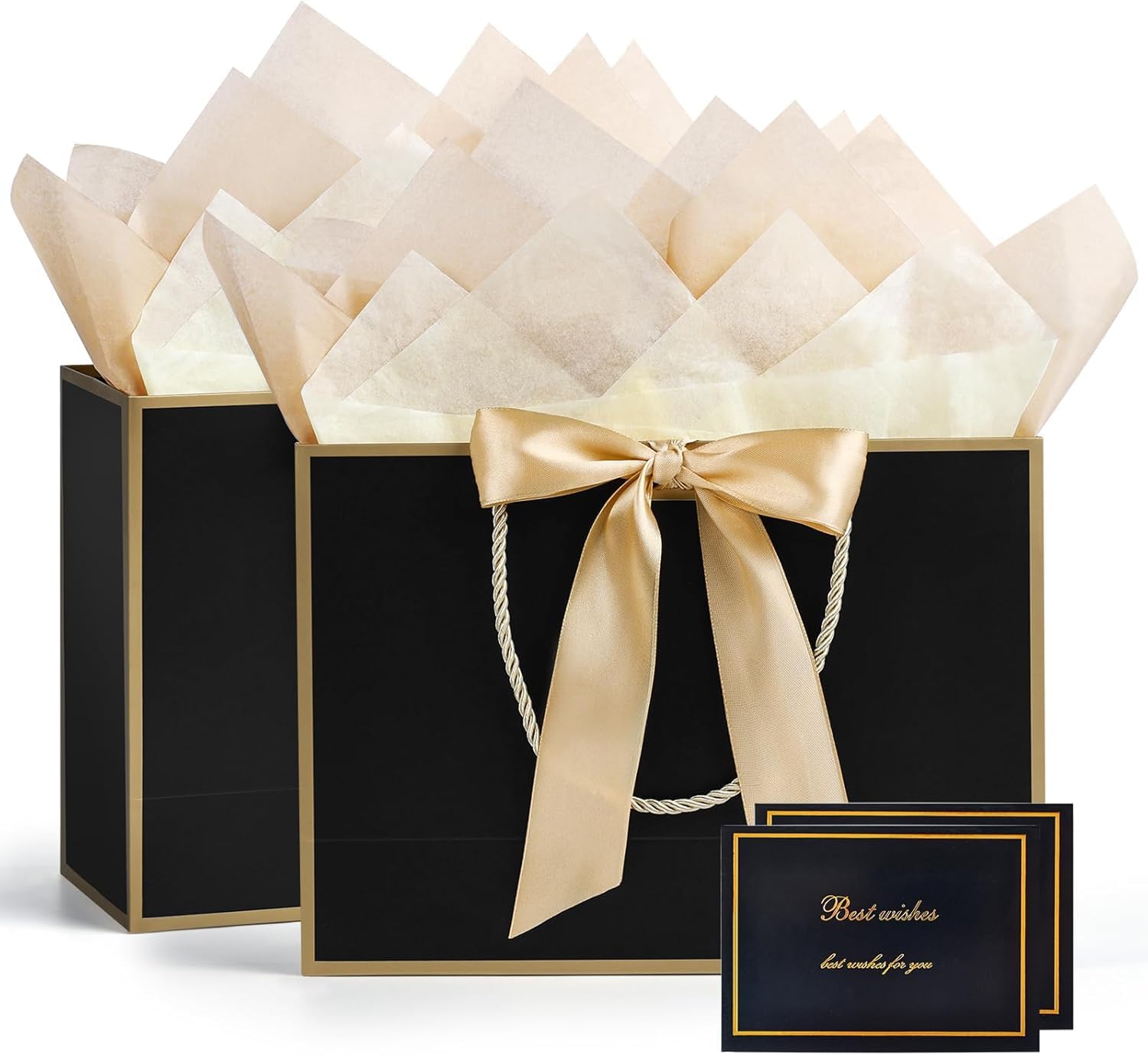 YoungTree 2PCS Medium Gift Bags with Ribbon and 2 Greeting Cards 4 Tissue Papers, Paper Birthday Gift Bags with Handles, Elegant Present Bags for Valentines Day Wedding Party Supplies (Black-Gold)