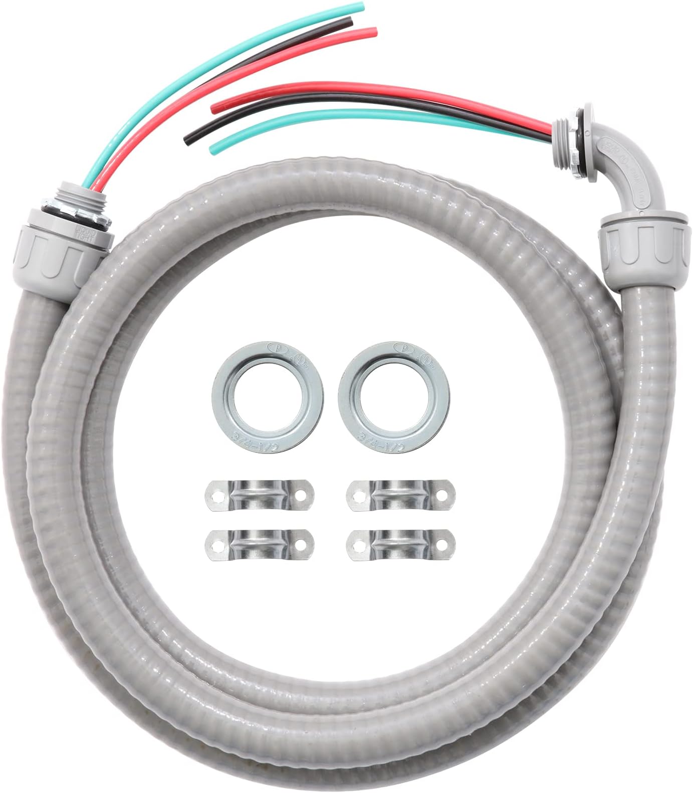 Power Whip Assembly Kit -1/2" x 4ft Non-Metallic Liquid Tight with 10 Gauge Wire Electrical AC Whip Kit Flexible Electrical Conduit & straight/90°Fittings