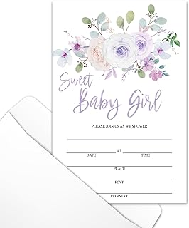 Elegant Purple Floral 'Sweet Baby Girl' Double-Sided Invitations with Envelopes