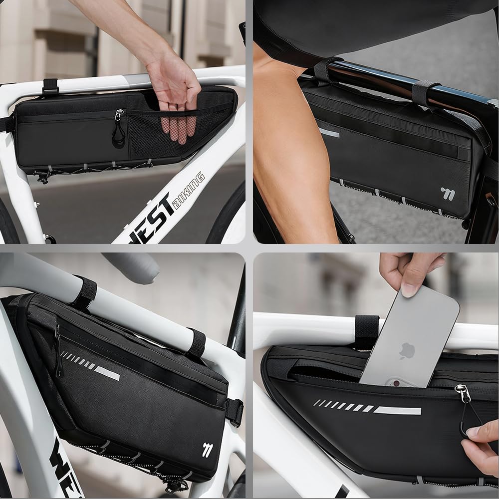 Oberrohr Fahrradtasche - 2,6L Rahmen Fahrradtasche mit Wasserdichtem Reißverschluss, Top Tube Bike Bag, Robuste Fahrradzubehörtasche für MTB Rennrad Gravelbike (Ganz Schwarz)